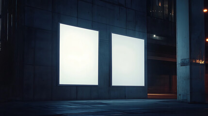 Leinwandbilder - Two blank white banners on a building exterior for mockup advertisement, set against a well-lit urban background