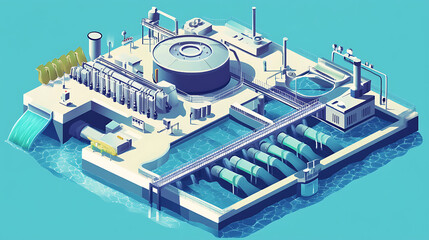 Aufkleber - Urban water treatment plant purifies water for safe consumption in cities, concept water purification, urban infrastructure, environmental technology