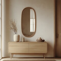 Poster - Elegant wooden furniture with mirror enhances modern interior design and natural light