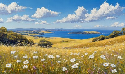 Wall Mural - expansive landscape showcasing rolling hills and a serene lake under a vibrant sky