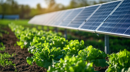 Wall Mural - rows of lettuce growing under rows of solar panels in an agrivoltaic system, maximizing land use for