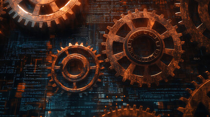 Aufkleber - Rust programming language concept, featuring rusty gears intricately combined with binary code on a dark, tech-themed background, symbolizing the fusion of old machinery and modern programming