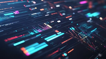 Abstract digital data visualization with glowing charts, graphs, and lines on a dark background.