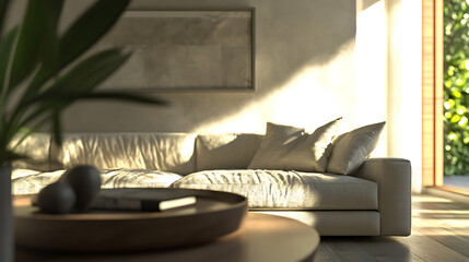 Poster - Scandi bliss: modern living room with sofa, table, and plant