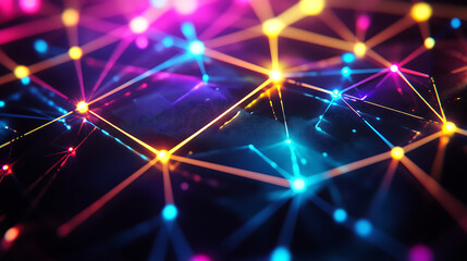 Aufkleber - Vibrant geometric digital world map with neon glowing lines representing connectivity and global network