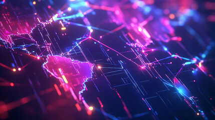 Poster - Vibrant geometric digital world map with neon glowing lines representing connectivity and global network