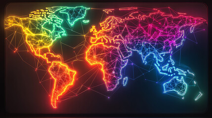Fototapete - Vibrant geometric digital world map with neon glowing lines representing connectivity and global network