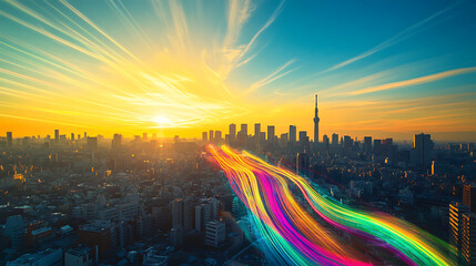 Poster - View of the tokyo skyline, a cityscape with a blue sky and bright sunlight, digital light streaks in colorful lines across the landscape, representing data flow and connectivity