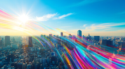 Poster - View of the tokyo skyline, a cityscape with a blue sky and bright sunlight, digital light streaks in colorful lines across the landscape, representing data flow and connectivity