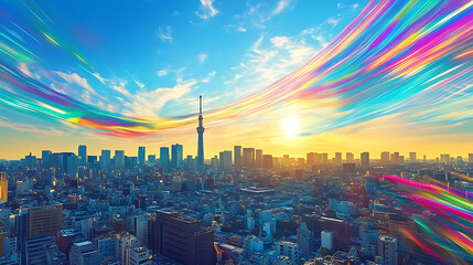 Poster - View of the tokyo skyline, a cityscape with a blue sky and bright sunlight, digital light streaks in colorful lines across the landscape, representing data flow and connectivity