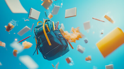 Poster - Vivid image of a backpack with school supplies, notebooks, and pencils flying out on a blue background