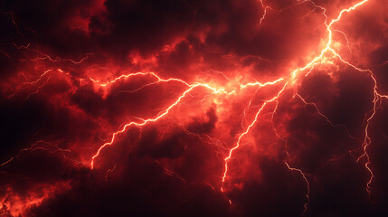 Poster - Vivid red lightning bolts against dark background dynamic natural electricity concept extreme weather condition dramatic atmosphere phenomenon