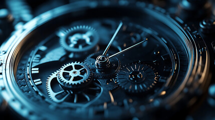 Fototapete - Watch dial screen technology background used as a time indicator and time measure, geometric shapes are used in the background, with cogs underneath, centered on the tone of dark blue
