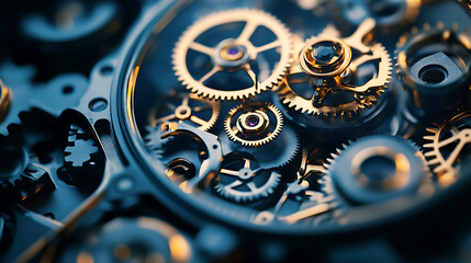 Fototapete - Watch dial screen technology background used as a time indicator and time measure, geometric shapes are used in the background, with cogs underneath, centered on the tone of dark blue
