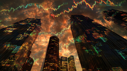 Poster - Skyscrapers with superimposed financial charts, photo manipulation, against a cloudy sky, concept of stock market