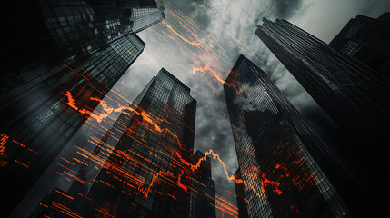 Poster - Skyscrapers with superimposed financial charts, photo manipulation, against a cloudy sky, concept of stock market