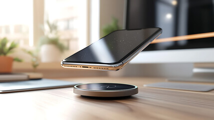 Poster - Smartphone levitating above a wireless charger with visible electrical current, demonstrating modern technology in a sleek, home office environment