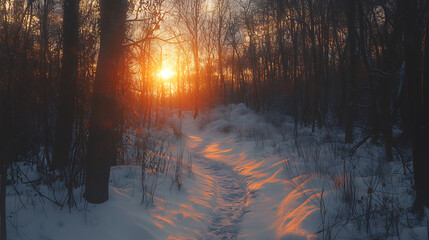 Aufkleber - Snowy path is winding through a forest towards a beautiful sunset in winter
