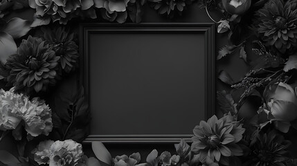 Poster - Somber funeral background featuring a dark frame surrounded by a variety of condolence flowers in grayscale tones, symbolizing mourning