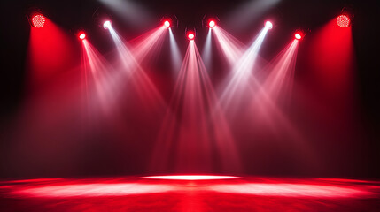 Wall Mural - Spotlights illuminating an empty stage with red curtains, creating a dramatic atmosphere of anticipation