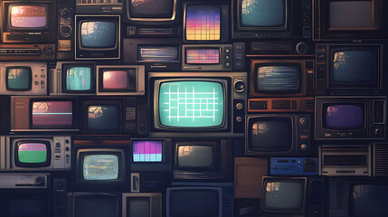Aufkleber - Stack of various television sets from the 1970s with a test pattern displayed on the screen, static, fuzzy digital screen background