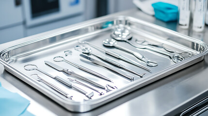 Poster - Sterile tray on hospital stainless steel table, sterile surgical instrument tool equipment for surgery