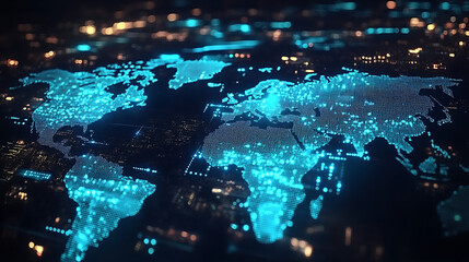 Fototapete - World map with glowing blue dots city lights in background abstract
