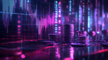 Leinwandbilder - Strategic financial growth: stacked coins and rising graphs illustrating successful investment and wealth accumulation