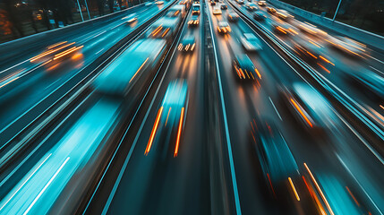 Poster - Motion blur effect of a car transporter trailer loaded with numerous cars on a highway