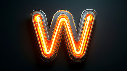 Fototapete - Neon letter w, w, gray and orange, illuminating light against black background