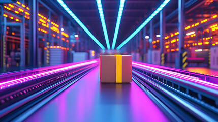 Poster - Neon-lit priority package on futuristic conveyor belt in vibrant warehouse setting