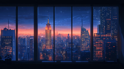 Poster - Nighttime city skyline viewed through large windows, with buildings glowing in warm tones against a deep blue sky