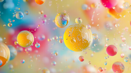 Poster - Oil droplets floating in yellow liquid, the image showcases a vibrant and dynamic abstract pattern with bubbles