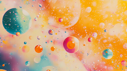 Poster - Oil droplets floating in yellow liquid, the image showcases a vibrant and dynamic abstract pattern with bubbles