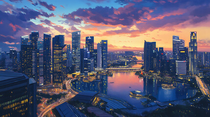 Poster - Oil painting on canvas, singapore cityscape at dusk, landscape of singapore business building around marina bay, modern high building in business district area at twilight