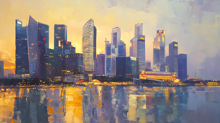 Poster - Oil painting on canvas, singapore cityscape at dusk, landscape of singapore business building around marina bay, modern high building in business district area at twilight