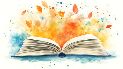 Poster - Open book clipart with pages fluttering in the breeze, , watercolor illustration, perfect for nursery art, simple clipart, single object, white color background