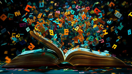 Poster - Open book with flying colorful letters and digits, dyslexia concept