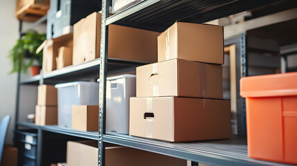 Aufkleber - Organizing a storage room using plastic boxes and cardboard boxes placed on metal shelves