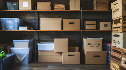 Aufkleber - Organizing a storage room using plastic boxes and cardboard boxes placed on metal shelves