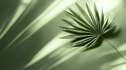 Aufkleber - Palm leaf shadow on a green wall background, olive color stylish flat lay with trendy shadow and sun light