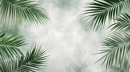 Poster - Palm tree leaves, blurry palm leaves against grey background light emerald green