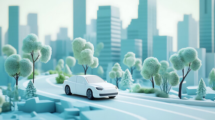 Wall Mural - Stylized minimalist city road with white car surrounded by trees and buildings, 3d illustration