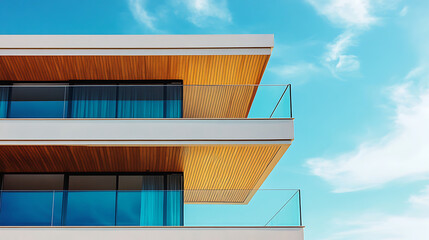 Aufkleber - Perspective of a contemporary, minimalist balcony featuring glass, wooden sun shades, and sleek, contemporary lines
