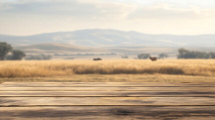 Aufkleber - empty wooden table top with blur background of wheat farm
