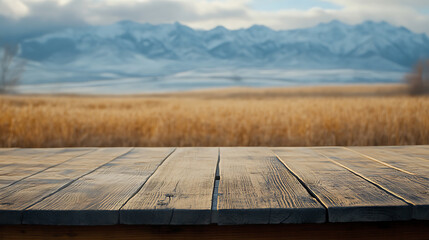 Poster - empty wooden table top with blur background of wheat farm
