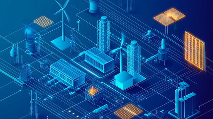 Aufkleber - smart grid diagram is shown below, isometric illustration of electricity production plants