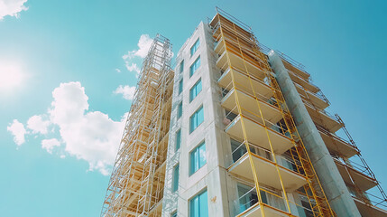 Aufkleber - Thermal insulation of a multi-story apartment building using scaffolding and thick slabs of rock mineral wool against a background of the blue sky