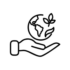 hand holding globe with leaves icon, minimalist line art, environmental concept, black and white, co