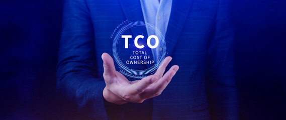 Aufkleber - TCO concept. Total Cost of Ownership, purchase price of an asset plus the costs of operation, business concept background